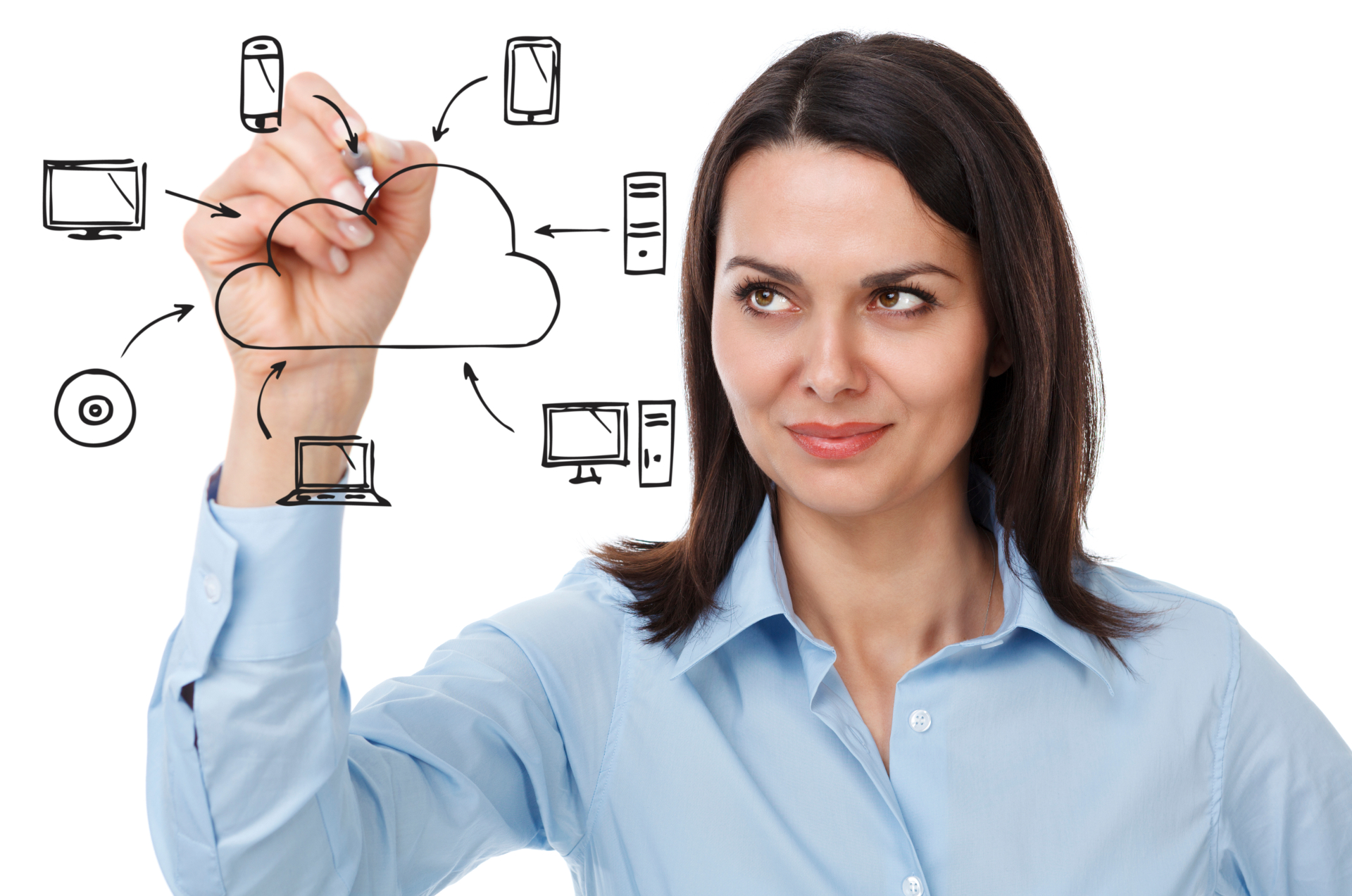 Businesswoman drawing cloud computing diagram. Isolated on white background.